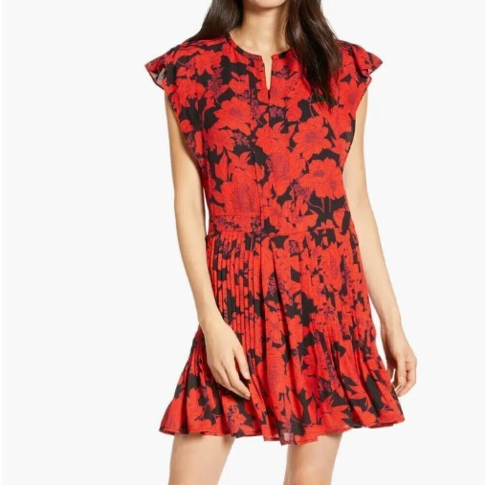 Rebecca Minkoff Fit Flare Mini Dress Large Red Short Sleeve Floral Pleat Ruffle